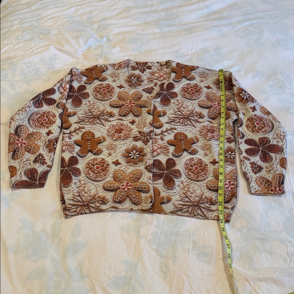 Gingerbread Patterned V-Neck Cardigan Sweater